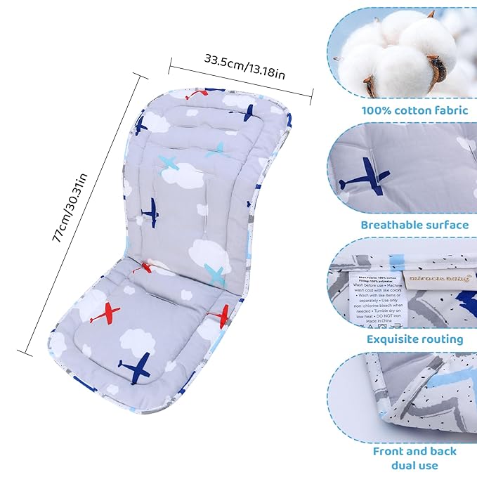 Baby Stroller Cushion,Infant Car Seat Insert-Reversible Universal Breathable and Soft Newborn Stroller Mat,100% Cotton Cover Toddler Seat Pad Liner-34x78cm,1 Pack(Gray Plane+Blue Stripes)