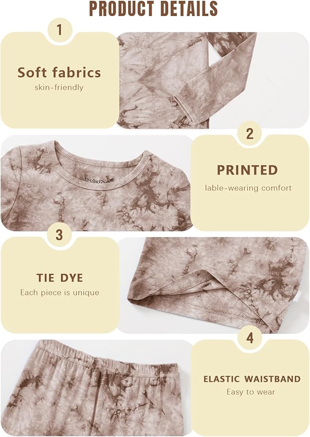 Jimonda Kids Toddler Soft Rayon From Bamboo Pajamas Long Sleeve Boys Girls Sleepwear Outdoor 4pcs Set Tops&Pants Tie Dye Pj
