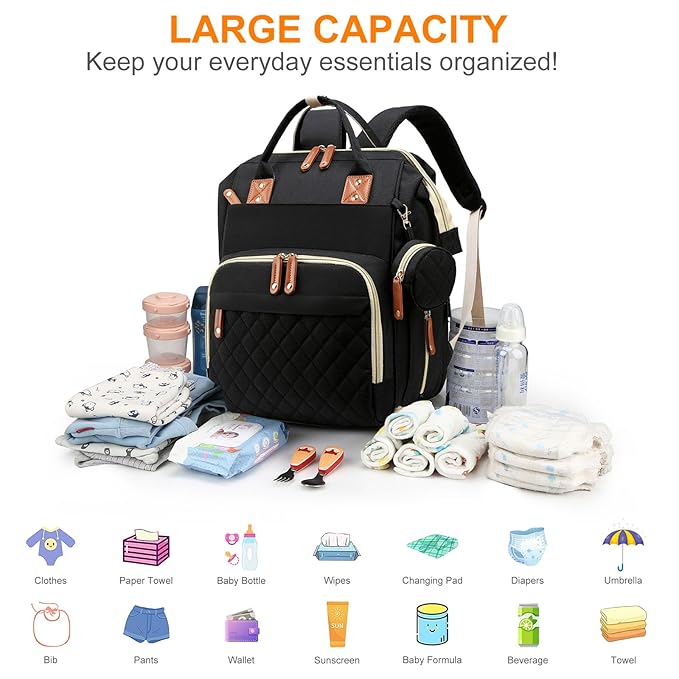 Diaper Bag with Changing Station, Waterproof Baby Bags for Boys & Girls, USB Charging Port for Parents, Must-Have Baby Essentials & Lovely Baby Shower Gifts, Black