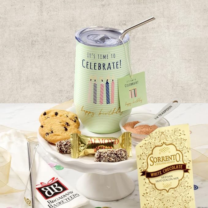 Broadway Basketeers Happy Birthday Chocolate and Sweets Gift Mug Large 16oz. Insulated Gift Mug Includes 3 Piece Set of Metal Straws Birthday gift for Mom Dad Friends