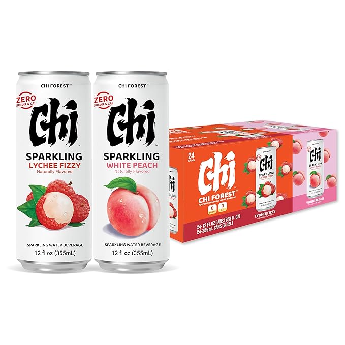 CHI FOREST Sparkling Water Beverage, Lychee & White Peach, 2 Flavors, Zero Sugar, 12 fl oz Cans (Pack of 24)