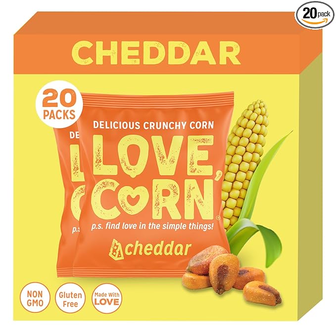 LOVE CORN Cheddar 0.7oz x 20 bags - Delicious Crunchy Corn - Healthy Family Snacks - Gluten Free, Kosher, NON-GMO - Alternative for Chips, Nuts, Crackers & Pretzels - Perfect for Charcuterie Boards