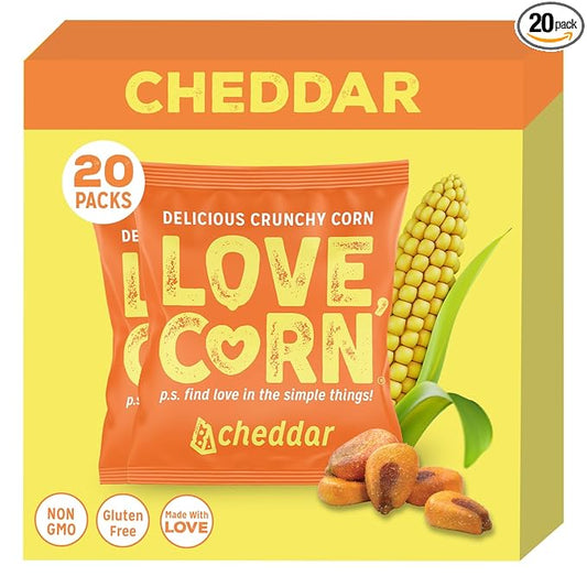 LOVE CORN Cheddar 0.7oz x 20 bags - Delicious Crunchy Corn - Healthy Family Snacks - Gluten Free, Kosher, NON-GMO - Alternative for Chips, Nuts, Crackers & Pretzels - Perfect for Charcuterie Boards