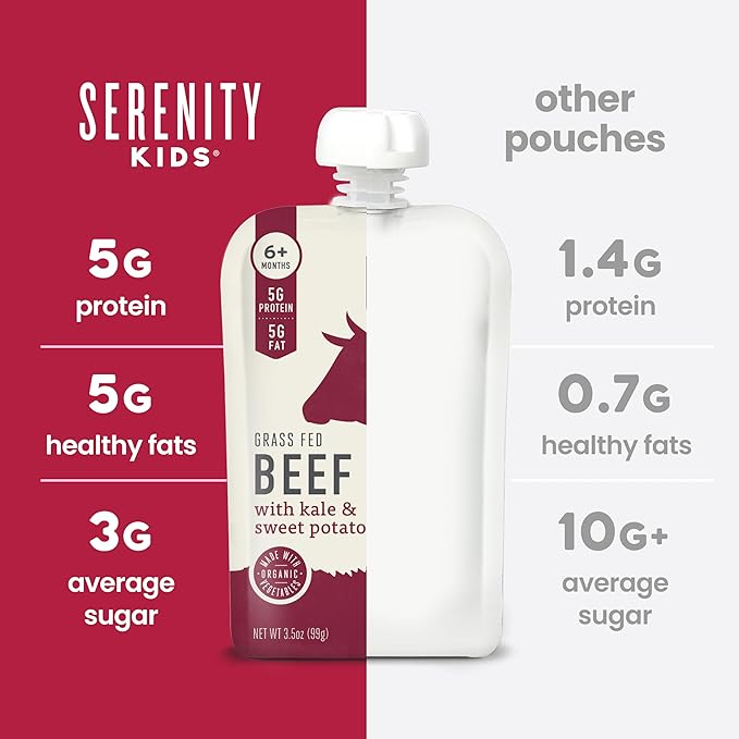 Serenity Kids 6+ Months Baby Food Pouches - Grass Fed Beef Puree with Organic Kale & Sweet Potato - BPA-Free Baby Snacks - 3.5 Oz, 6 Pack
