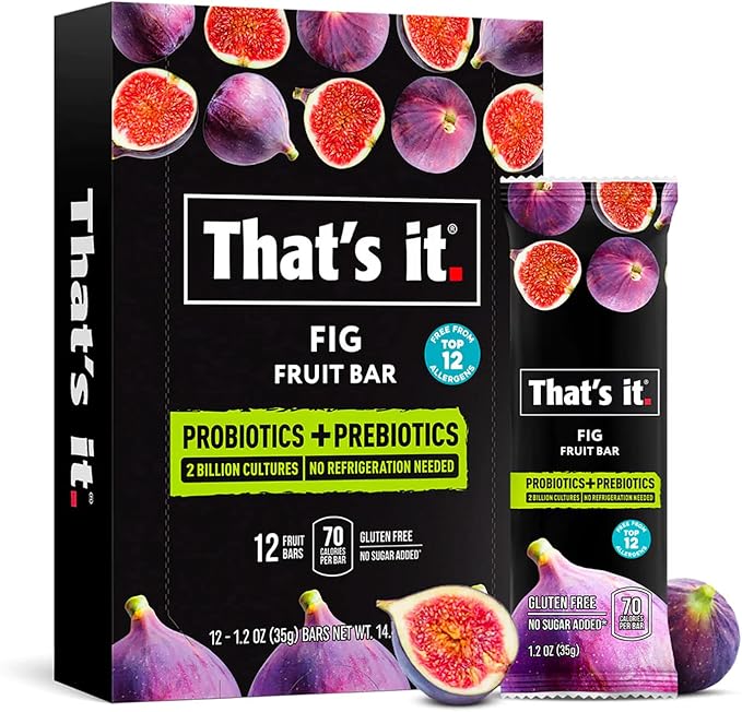 That's it. Fig Probiotic Fruit Bar Pack,. Just Real Fruit + Probiotics, 70 Calories Per Bar, All Natural, 2- Ingredients, Shelf Stable, Allergy-Friendly (12 Count)