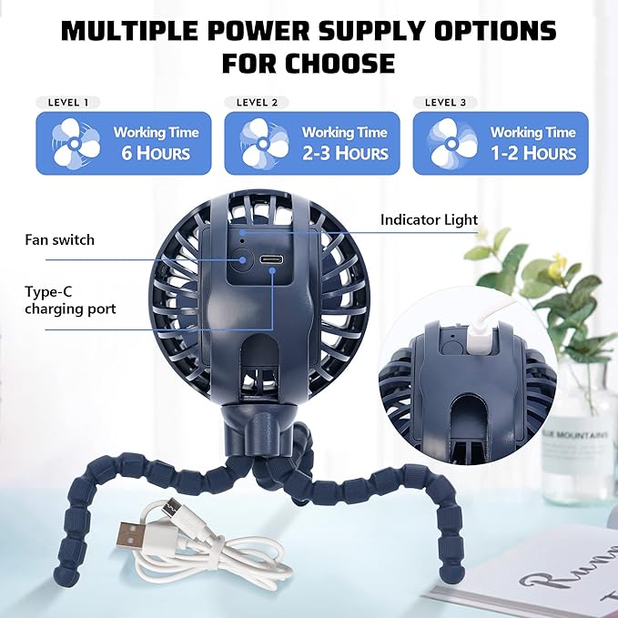 LAT Stroller Fan Flexible Tripod Clip On Fan,Portable Fan Car Seat Baby Fan with Flexible Tripod (Navy Blue)