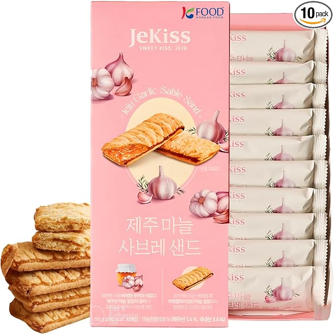 Korean Food JEKISS Jeju Garlic Sable Sand Cookies – Crunchy Butter Biscuit with Jeju Garlic Cream, 10 Individually Wrapped Pieces, Perfect for Gifting (180g)