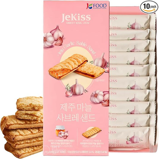 Korean Food JEKISS Jeju Garlic Sable Sand Cookies – Crunchy Butter Biscuit with Jeju Garlic Cream, 10 Individually Wrapped Pieces, Perfect for Gifting (180g)