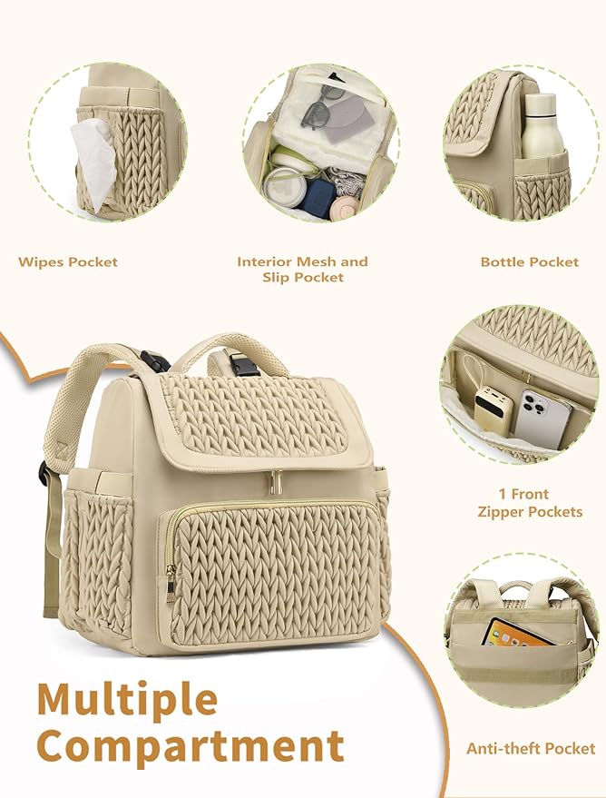 Diaper Bag Backpack, Baby Bag with Changing Pad, Travel Waterproof Diaper Bag Tote, Newborn Essentials Must Haves, Luxury baby shower gifts for boys & Girls, Brown Taupe