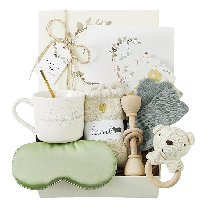 New Mom & Baby Gift Set | Pregnancy & Baby Shower Gifts for Her | Mama Bear Mug, Eye Mask & Baby Rattle Care Package