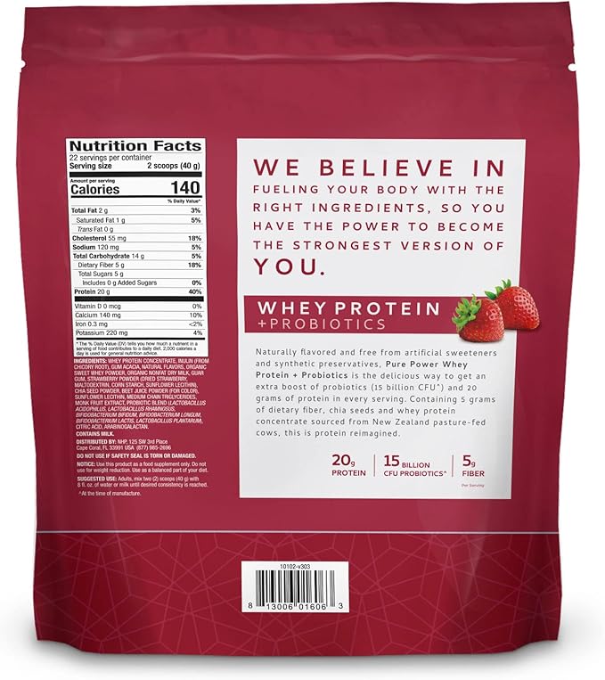 Dr. Mercola Pure Power Whey Protein + Probiotics - Supports Muscle Recovery & Digestive Health - Pasture-Raised Whey - MCTs & Fiber - Vanilla - 31 oz (22 Servings) - Strawberry