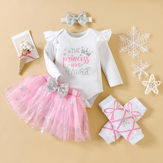 Newborn Baby Girl Outfits Infant Letter Print Romper+Tutu Skirt+Headband+Legging Warmer Coming Home Clothes Set