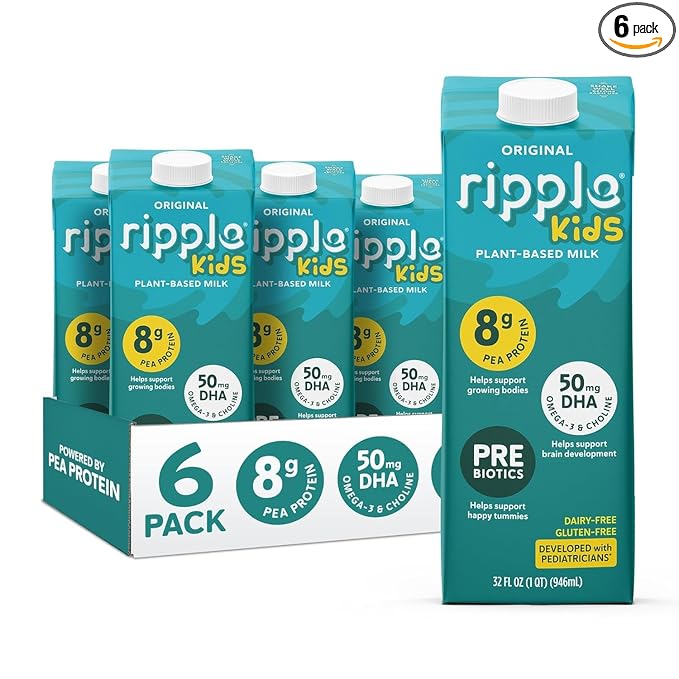 Ripple Plant Based Milk | 8g of Pea Protein | Shelf Stable | Vegan & Non GMO | Dairy, Soy, Nut, Gluten, & Lactose Free ((Pack of 6), Kids Original)