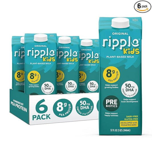 Ripple Plant Based Milk | 8g of Pea Protein | Shelf Stable | Vegan & Non GMO | Dairy, Soy, Nut, Gluten, & Lactose Free ((Pack of 6), Kids Original)