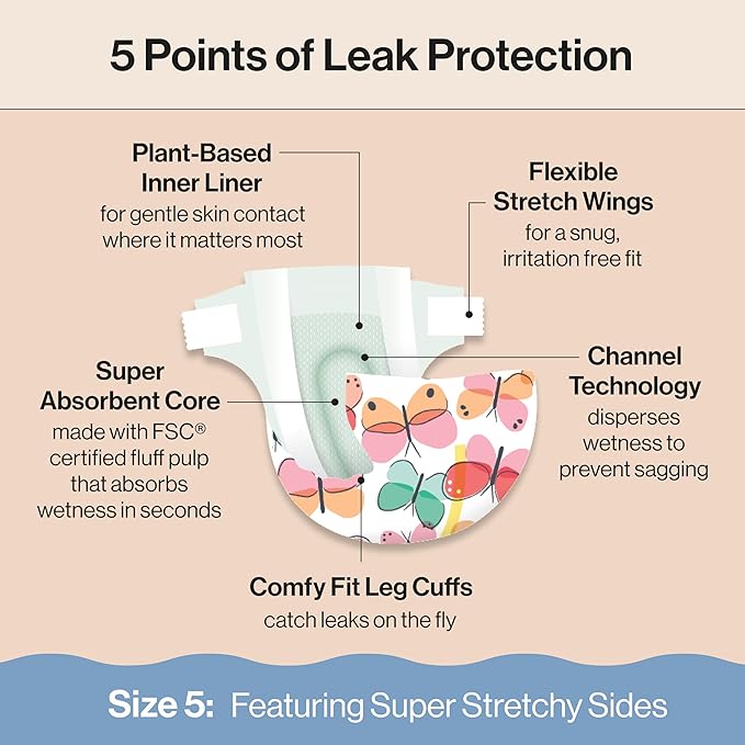 The Honest Company Clean Conscious Diapers for Delicate Skin | Up to 100% Leakproof | Hypoallergenic, Fragrance Free | Girl Prints | Club Box, Size 5 (27+ lbs), 44 Count (Prints May Vary)