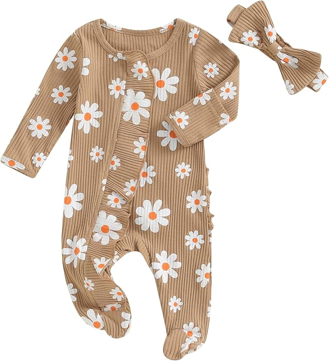 Newborn Girl Clothes Baby Girl Coming Home Outfit Zipper One-piece Outfits Ruffle Footie Bodysuit Jumpsuit Headband