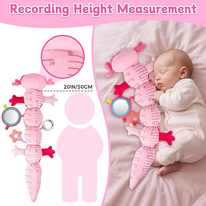 Baby Girls Toys 0-6 Months,Infant Sensory Caterpillar Pink Axolotl Baby Musical Rattles Tummy Time Toys for 0 3 6 9 12 Months Stuffed Plush with Crinkle, Mirror,Teether for Newborn Shower Gifts