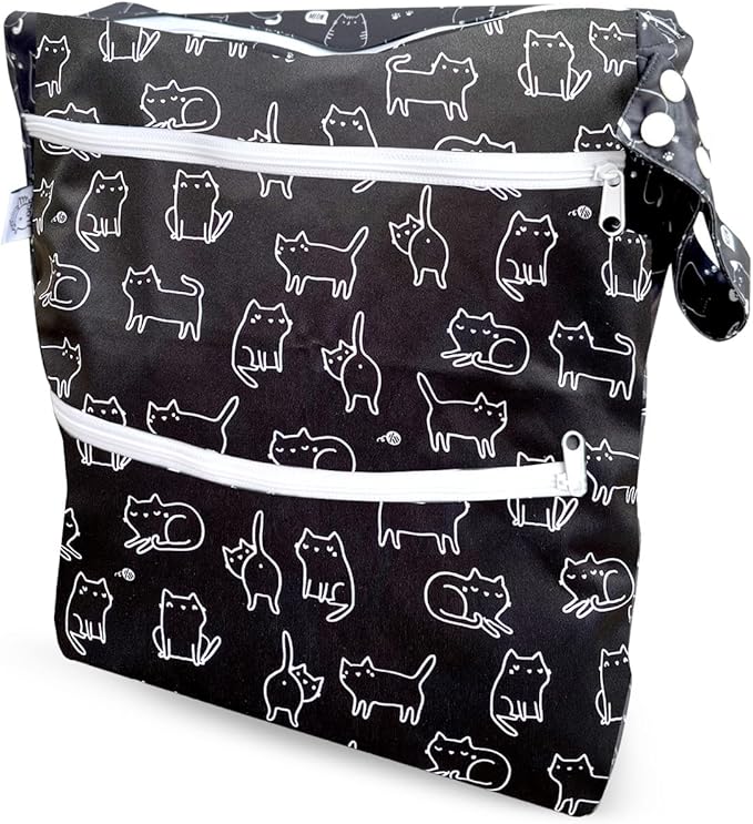 FLOCK THREE 3D Waterproof and Washable Wet Bag Luggage Organiser for Travel storage Stroller Daycare Baby Diapers Yoga Beach Pool Swimsuits Luggage Packing for Travel Accessories (Black Cats)