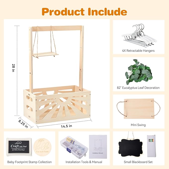 8 In 1 Wooden Baby Shower Crate Closet, Baby Basket with Handle Footprint Kit for Baby Shower Gifts, Baby Shower Wooden Gift Crate, Baby Personailzed Basket for Pregnancy New Parent