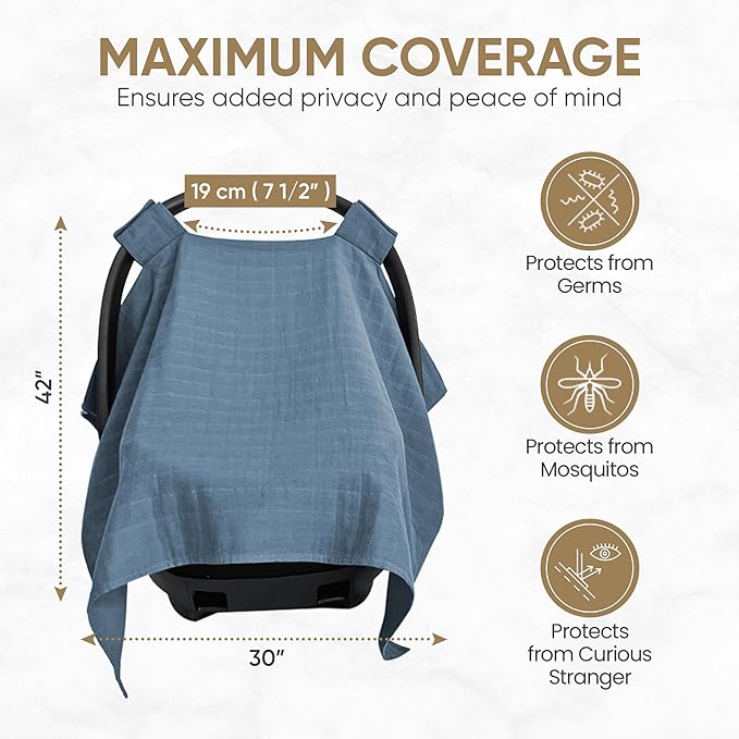 MOZAH Baby Car Seat Cover - Blue Mirage - 100% Organic Muslin - Soft, Breathable and Lightweight, Infant & Newborn Travel Essentials