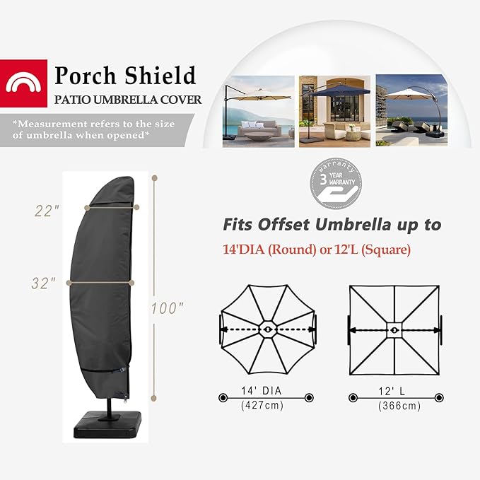 Porch Shield Patio Umbrella Cover - Outdoor Waterproof Garden Offset Banana Parasol Cover Fits Cantilever Offset Umbrella 12-14 Feet, Black
