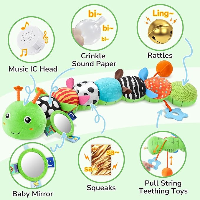 Baby Toys 6-12 Months Music Caterpillar Infant Toys Stuffed Animals 0-3-6 Months Tummy Time Teething Sensory Toys with Mirror Rattle&Pull String for Boys Girls Birthday Gifts|Grass Green,Leafy