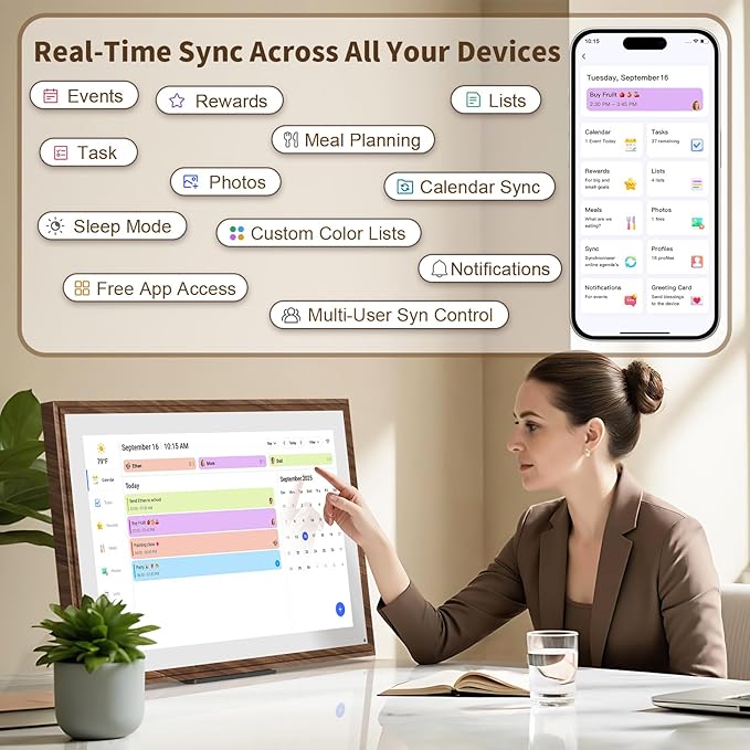 15.6 Inch Digital Calendar Chore Chart with Touchscreen - Full HD Interactive Display, Wall & Desk Mountable Family Planner, To-Do List & Meal Planner, Digital Picture Frame for Sharing Photos via App