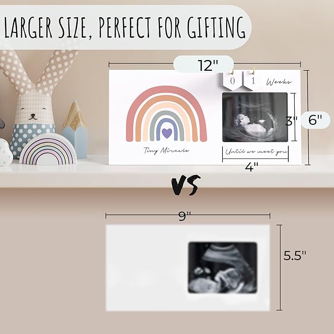 Rainbow Baby Sonogram Picture Frame Countdown Weeks, Pregnancy Announcement Ideas, 4"x3" Ultrasound Photo, Gender Reveal Baby-Shower Gift for New Mom Dad Expecting Parents Grandparents to Be Keepsake