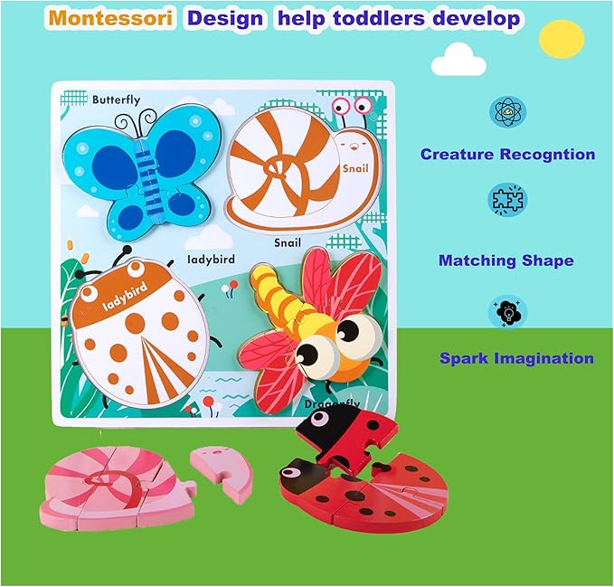 Wooden Creature Puzzles for Toddlers 2-4,Toddler Jigsaw Puzzle Ages 1-3, Montessori Educational Toys for 2 3 Years Old, Wood Learning Gifts for Preschool Kids Boys Girls