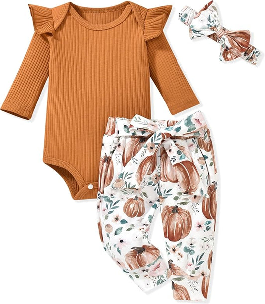 Aalizzwell Preemie Newborn Infant Baby Girls Clothes Ribbed Romper Bodysuit Pants Set Fall Winter Outfits