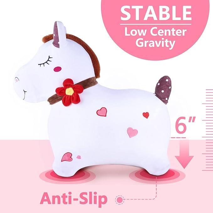 iPlay, iLearn Bouncy Pals White Hopping Horse, Inflatable Bouncing Animal Hopper Toy W/Pump, Plush Ride on Bouncer, Indoor Outdoor Birthday Gifts for 18 24 Month 2 3 4 5 Year Old Toddler Kid Boy Girl