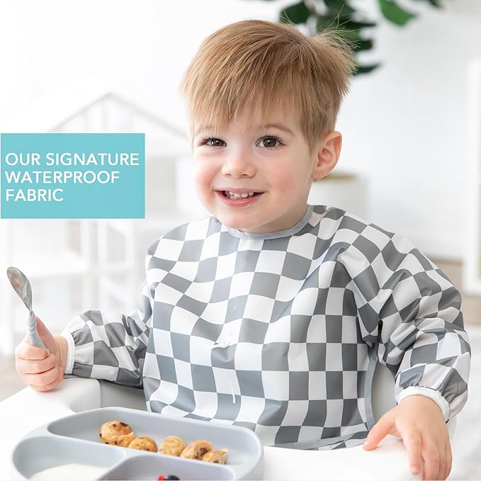 Bumkins Sleeved Bib for Girl or Boy, Baby and Toddler for 6-24 Mos, Essential Must Have for Eating, Feeding, Baby-Led Weaning Supplies, Long Sleeve Mess Saving Food Catcher, Fabric, Gray Check