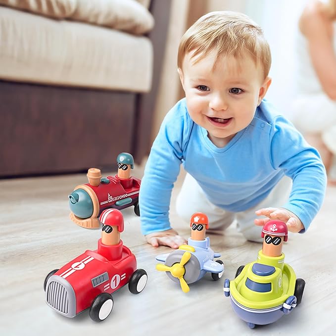 LiKee Toy Cars for Toddlers 1 2 3 4 Years Old Boy Girl, 4 Pcs Pull Back Cars for 18+ Months Baby Infant Gift, Kids Trucks Push and Go Back Friction Powered Vehicles (Transport)