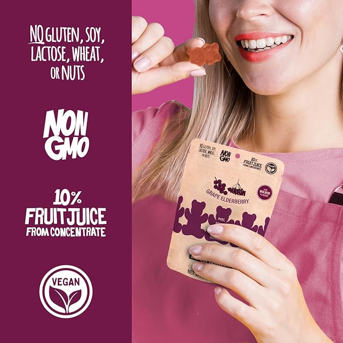 Buck Naked Bears - Grape Elderberry Gummy Bears - Soft, Smooth, and Sweeter Like a Fruit Snack - Plant-Based Gummies Good Snack Choice - Non-GMO - Clean Label Gummy Candy, Vegan - 3.5oz 3-Pack