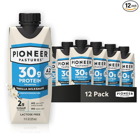 Pioneer Pastures - High Protein A2 Milkshakes - Vanilla - A2 Nutritional Milk, 30g Protein, 2g Sugar, No Sweeteners, No Seed Oils - All-Natural, Breakfast Shake, Meal Replacement, Workout - 11oz, 12 Pack