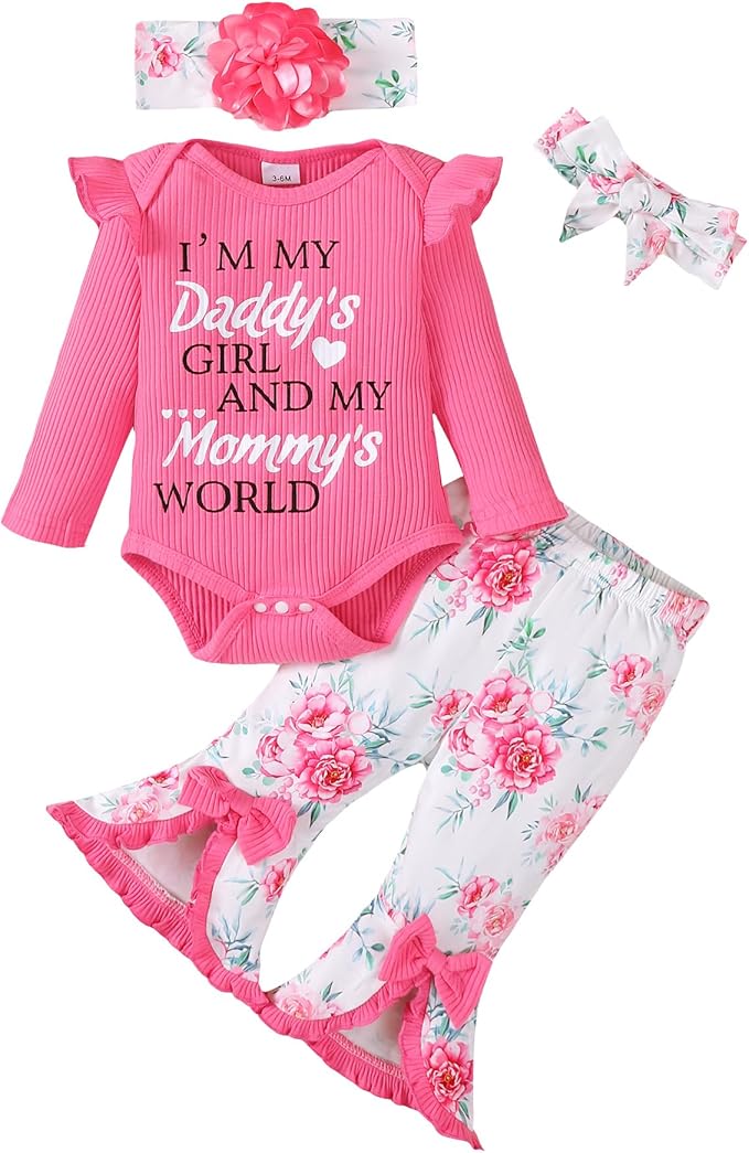 SUNNY PIGGY Newborn Baby Girl Clothes Infant Outfits Romper Floral Fall Outfit Bell Bottoms Pant Sets Hat Headband Flowerpant