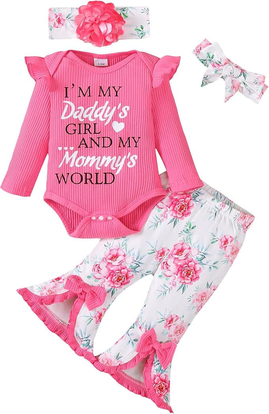 SUNNY PIGGY Newborn Baby Girl Clothes Infant Outfits Romper Floral Fall Outfit Bell Bottoms Pant Sets Hat Headband Flowerpant