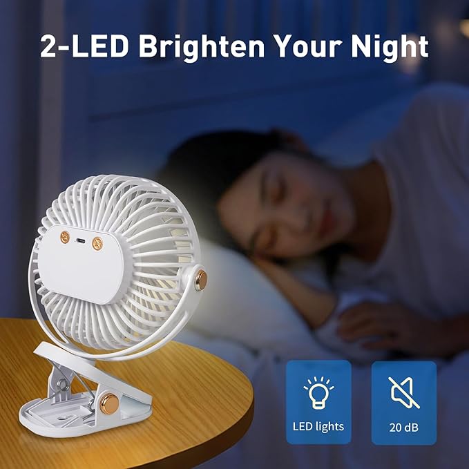 HUO JI Portable Clip on Fan 5 Speeds 360° Dual Rotation Brushless Motor Ultra Quiet <20dB LED Light USB Rechargeable