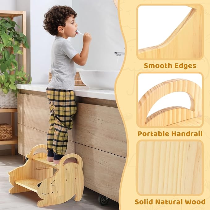 COSYLAND Kids Step Stool with Handle - Height Adjustable 2 Step Stool for Toddlers - Stable Wooden Nursery Step Stool for Toilet Potty Training, Bathroom, Kitchen Easy to Clean (Natural)