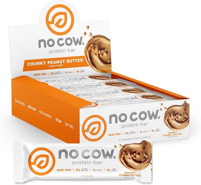 No Cow High Protein Bars, Chunky Peanut Butter - Healthy Snacks, 20g Vegan Protein, High Fiber, Low Sugar, Keto Friendly, Dairy & Gluten Free (12 Count)