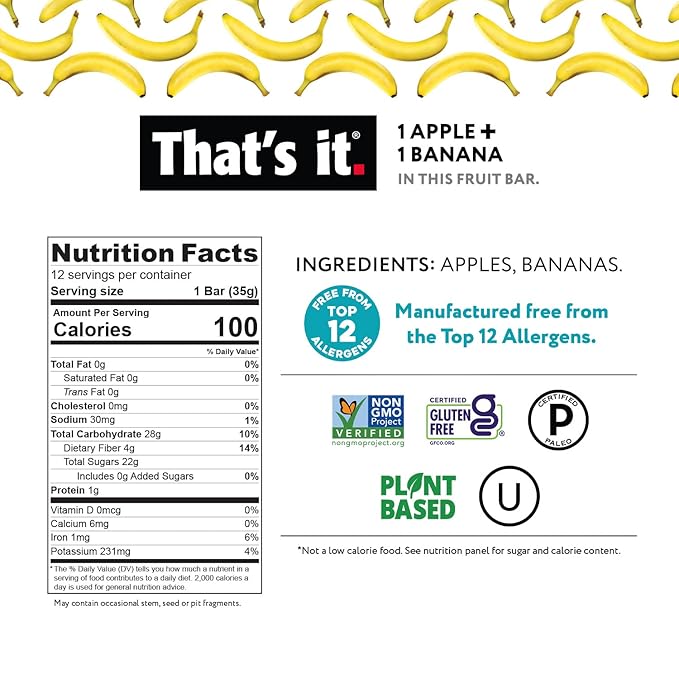 That's It Nutrition Apples + Banana 100% Natural Real Fruit Bar, Paleo for Children & Adults, Non GMO Sugar-Free, No preservatives Energy Food, 14.4 Oz, Pack of 12