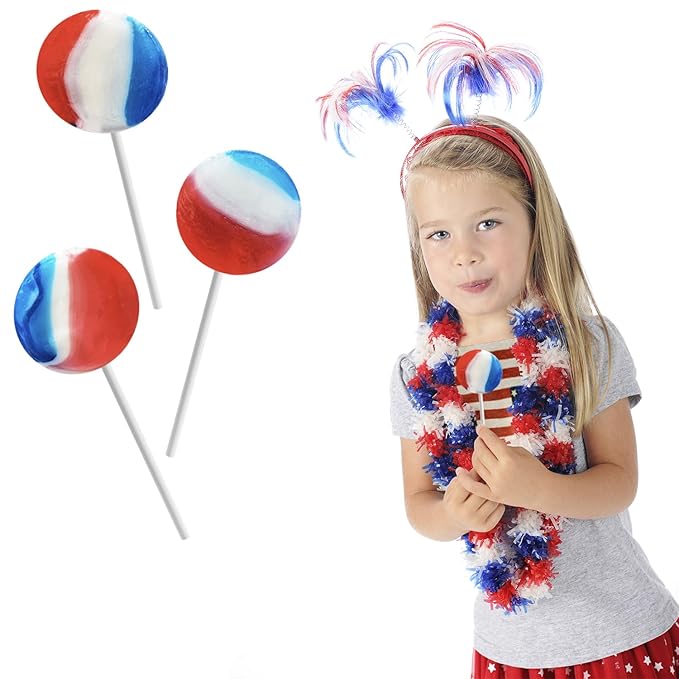 Patriotic Striped Cherry Lollipop Suckers, USA Patriotic Red, White & Blue, Hard Candy Treats, Kosher Certified, Individually Wrapped (300 Count (5LBS) Bulk)