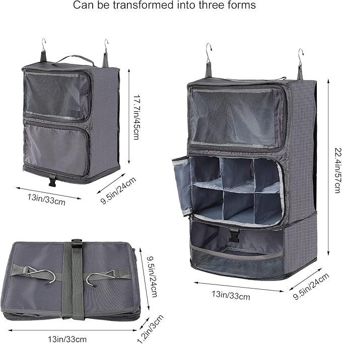 TABITORA Travel Portable Hanging Shelves Closet Organizer Packing Luggage Storage with Multifunctional and Foldable Invisible Compartment,Lightweight, for Suitcase, RV,Closet…Grey,XL