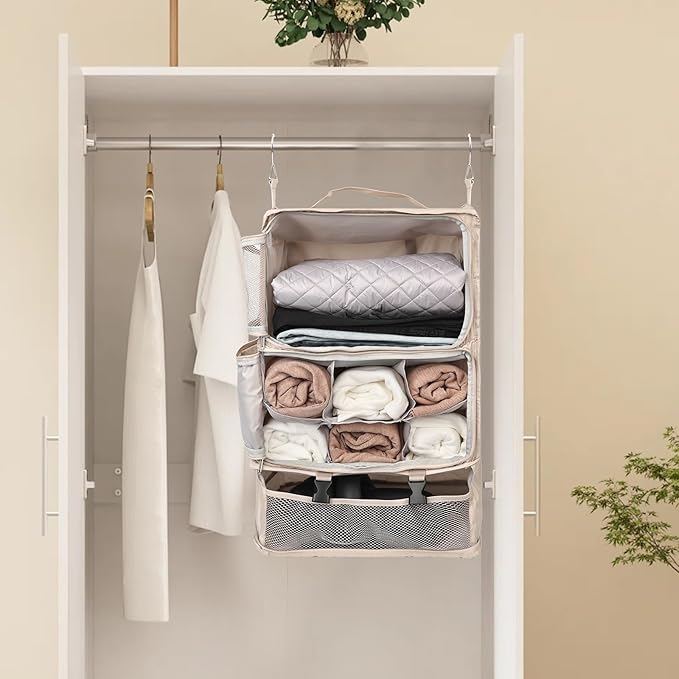 TABITORA Travel Portable Hanging Shelves Closet Organizer Packing Luggage Storage with Multifunctional and Foldable Invisible Compartment,Lightweight, for Suitcase, RV,Closet…Beige,XXL