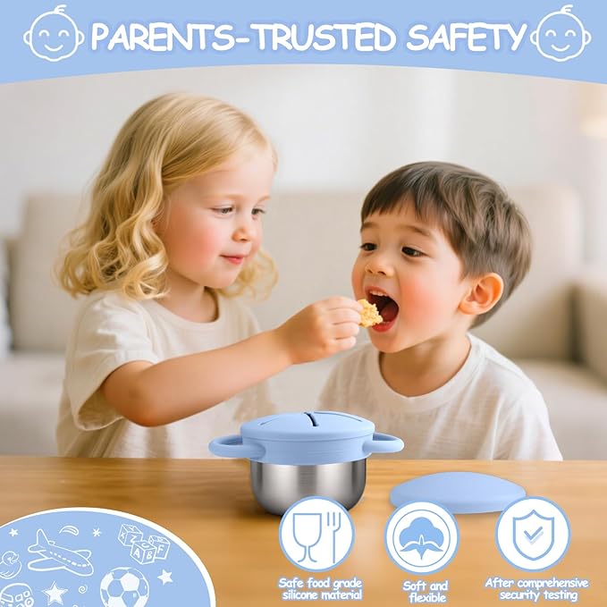 Mity rain 1 Pack Stainless Steel Snack Containers for Toddlers with Spill-Proof Silicone Lids & Handles - 3-in-1 Baby Snack Cups, No-Spill Toddler Snack Box, Perfect for On-the-Go Healthy Eating