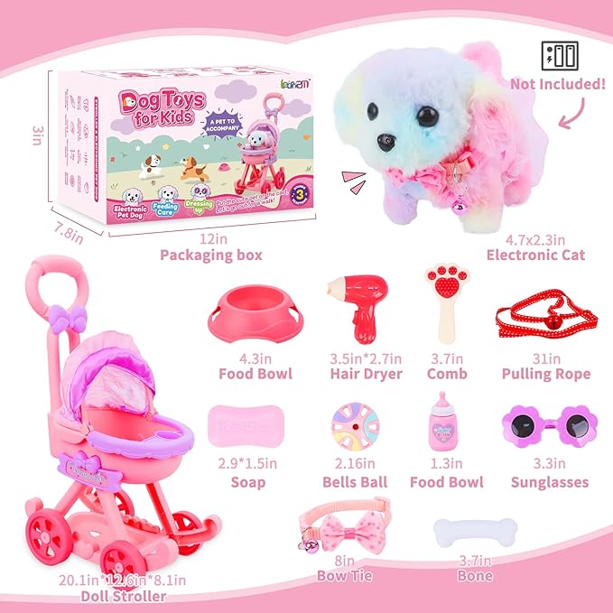 13Pcs Dog Toys for Kids Girls, Pretend Puppy Stroller Playset for Toddler, Electronic Interactive Walking Barking Dog Toy, Pet Care & Feeding Accessories Birthday Gifts for Little Girl 3 4 5 6