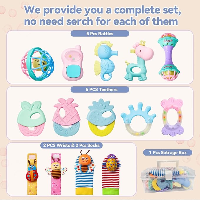 15PCS Rattles for Babies 0-6 Months - BPA-Free Baby Rattles 0-3, 6-12 Months for Newborn Soft Teething Toys Infant Toys with Wrist & Ankle Rattles, Baby Gift Set with Box for Hand-Eye Coordination