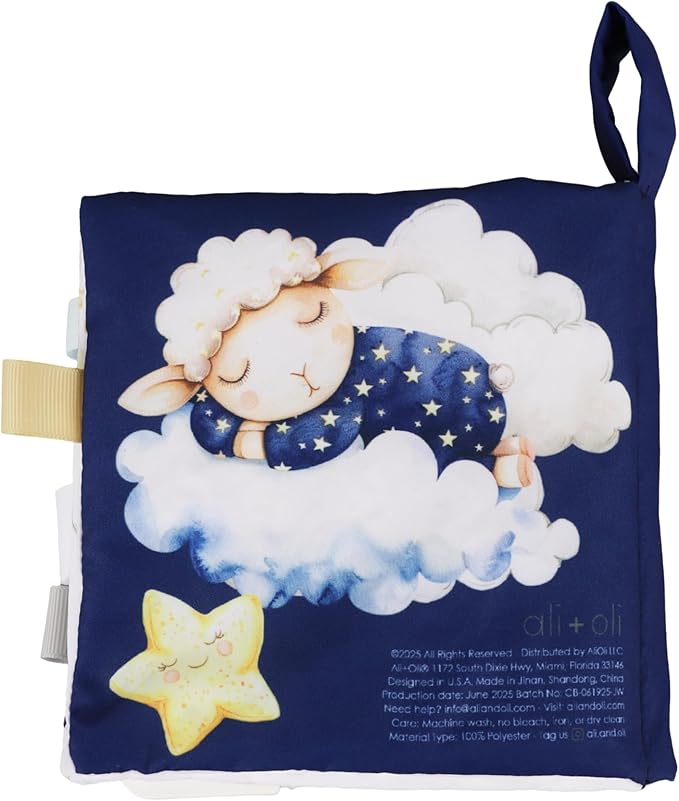 Ali+Oli Baby Cloth Book – Soft Sensory Crinkle Book with Teether for Infants 0-12 Months – Early Learning Touch & Feel Tummy Time Toy – Newborn Shower Gift for Boys & Girls - Good Night