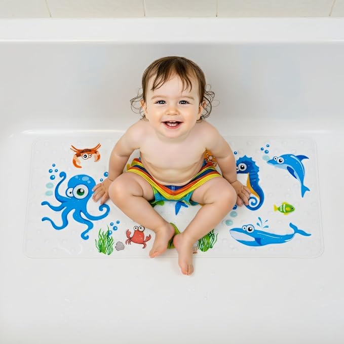 Bath Mats for Tub Kids,Baby Toddler - Large Cartoon Non-Slip Bathroom Bathtub Anti-Slip Shower Mats for Floor 35x15,Machine Washable XL Size Bathroom Mats (Blue-Octopus)