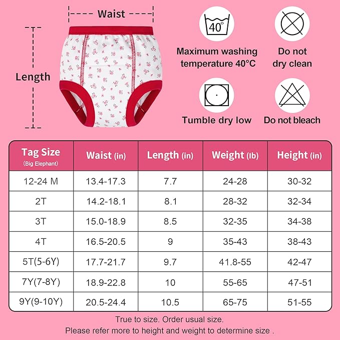 BIG ELEPHANT 10-Pack Baby Potty Training Underwear, Soft 100% Cotton Absorbent Training Pants for Boys & Girls, Ages 12M-10Y